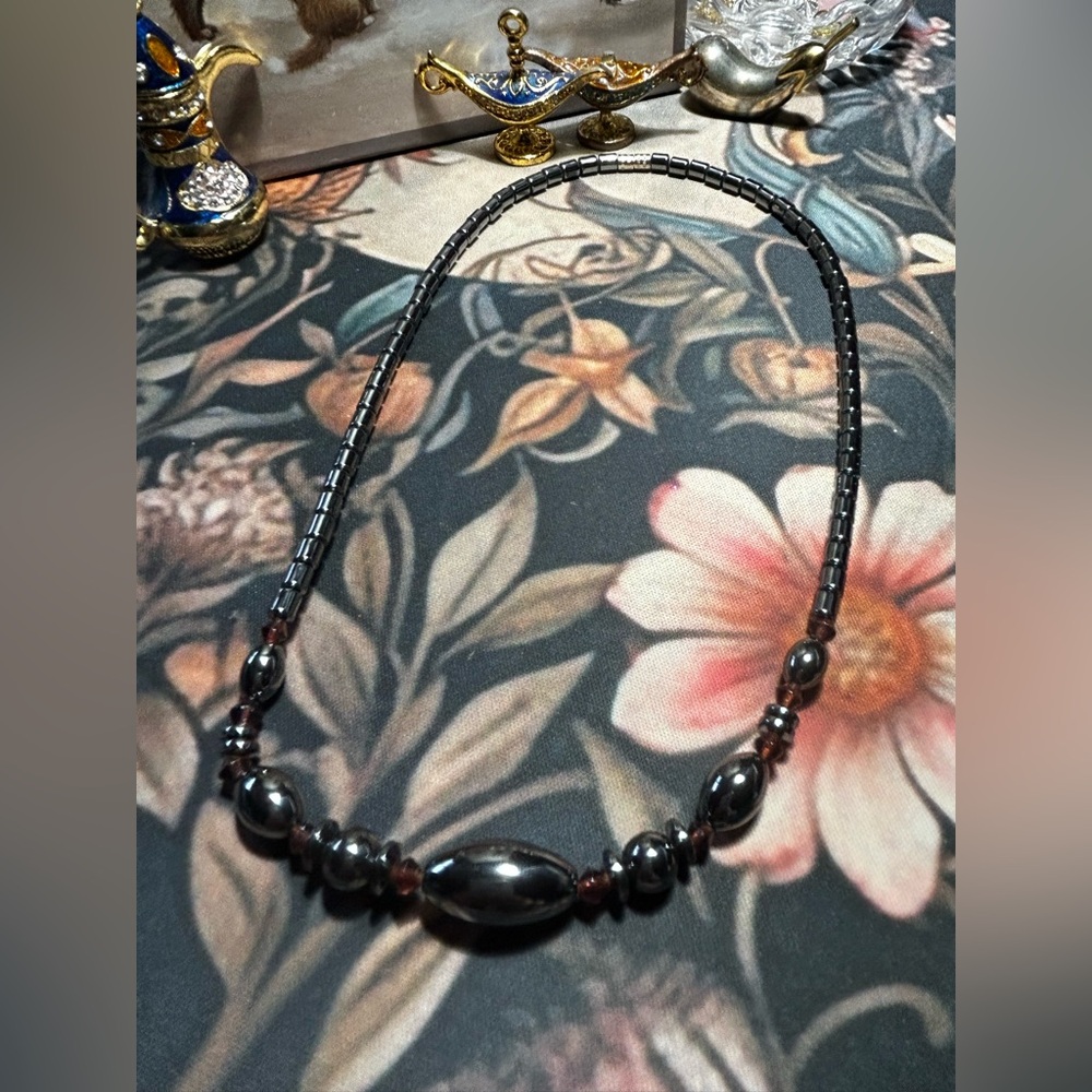 Hematite & Ruby Beaded Necklace | Vintage Handmade Look | Black & Dark Red Stone